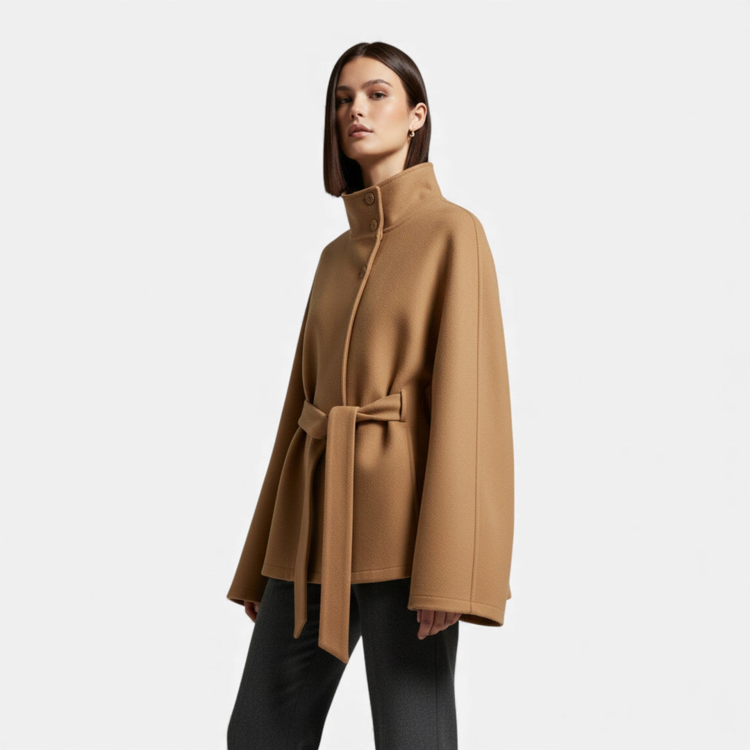 Women's short belted cape coat with stand collar and wide sleeves