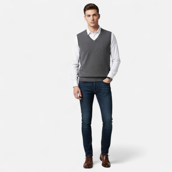 Men's sleeveless V-neck sweater vest with ribbed trim
