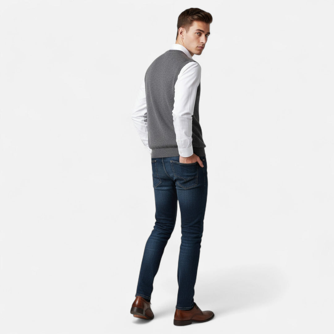 Men's sleeveless V-neck sweater vest with ribbed trim