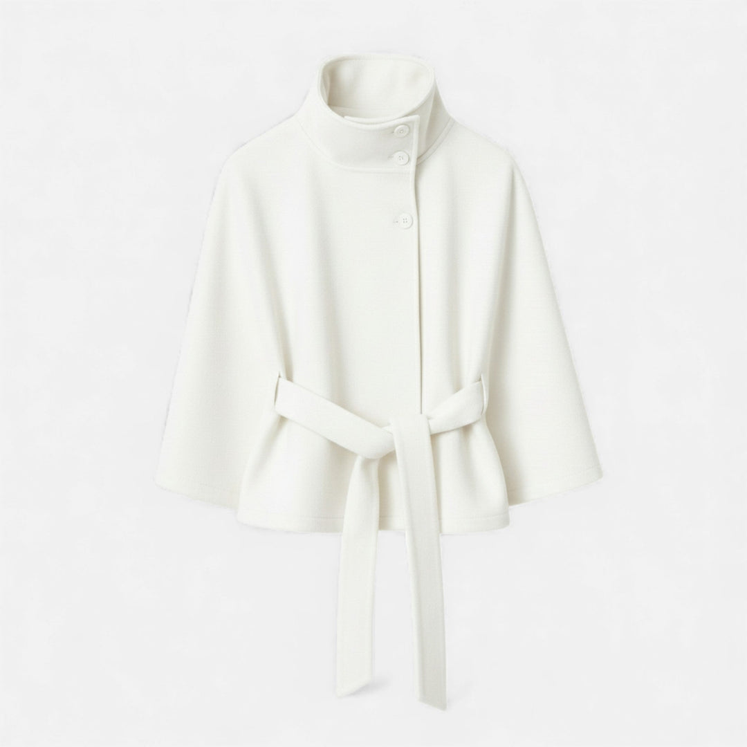Women's short belted cape coat with stand collar and wide sleeves