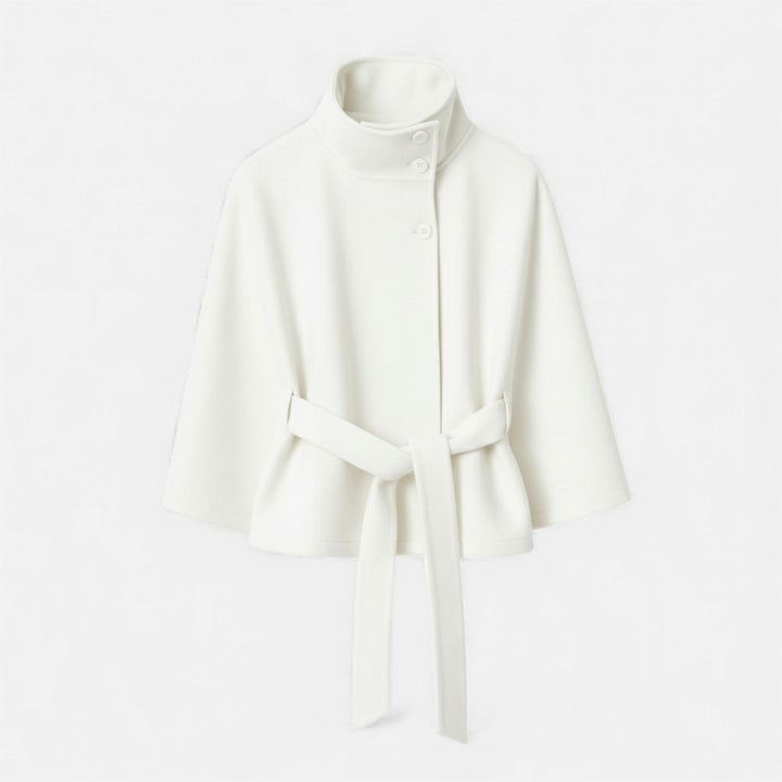 Women's short belted cape coat with stand collar and wide sleeves