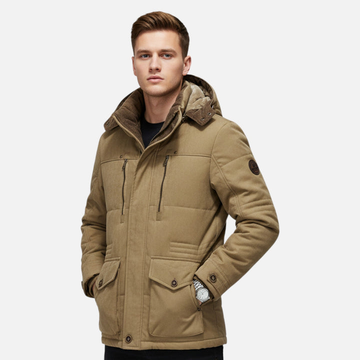 Men's hooded quilted parka jacket with multiple pockets and layered front closure