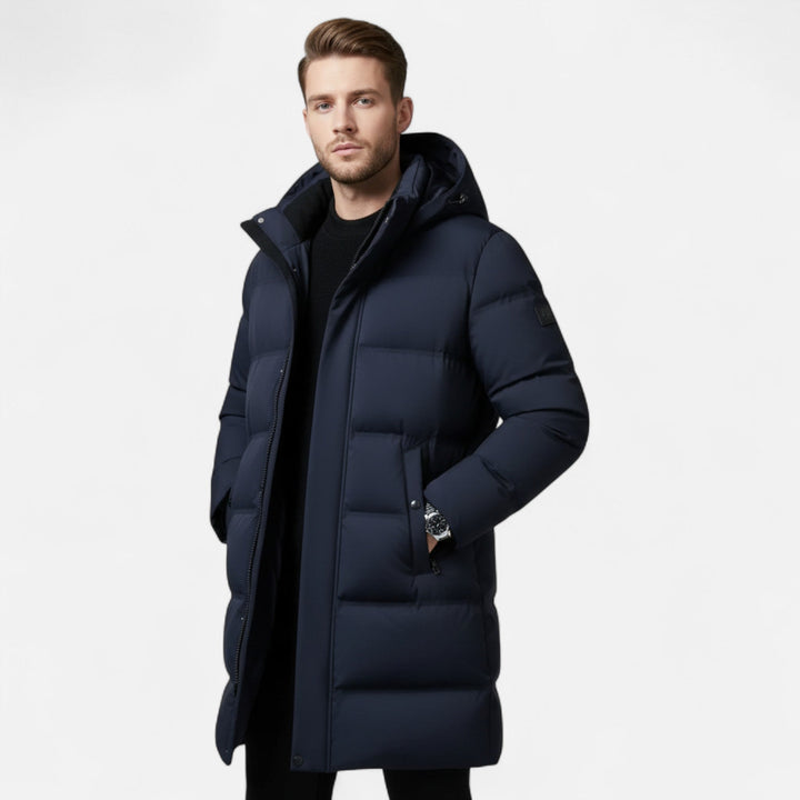 Men's long hooded quilted puffer parka with zip and snap front