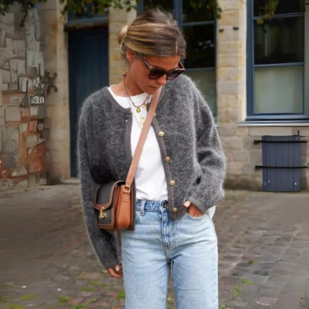 Women's grey textured button-front cardigan with long sleeves