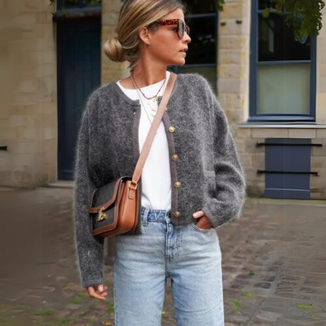 Women's grey textured button-front cardigan with long sleeves