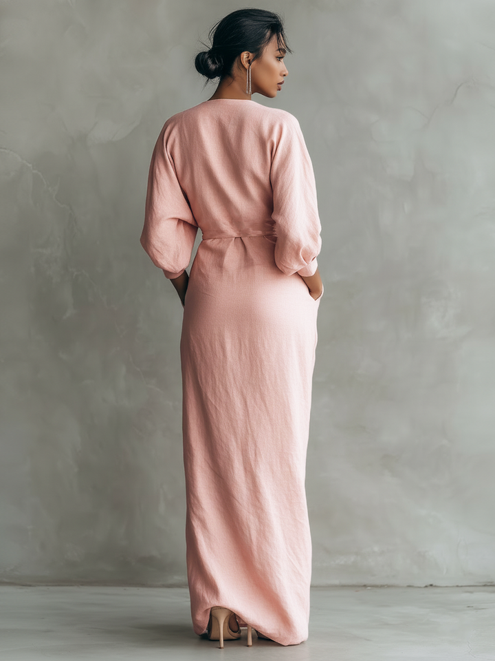 Women's wrap maxi dress with v-neck and three-quarter sleeves in pink