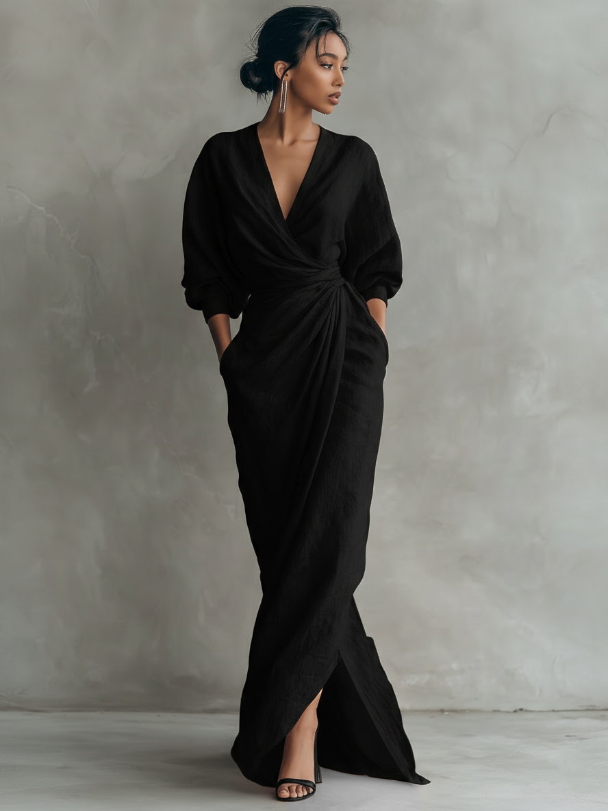 Women's wrap maxi dress with v-neck and three-quarter sleeves in pink