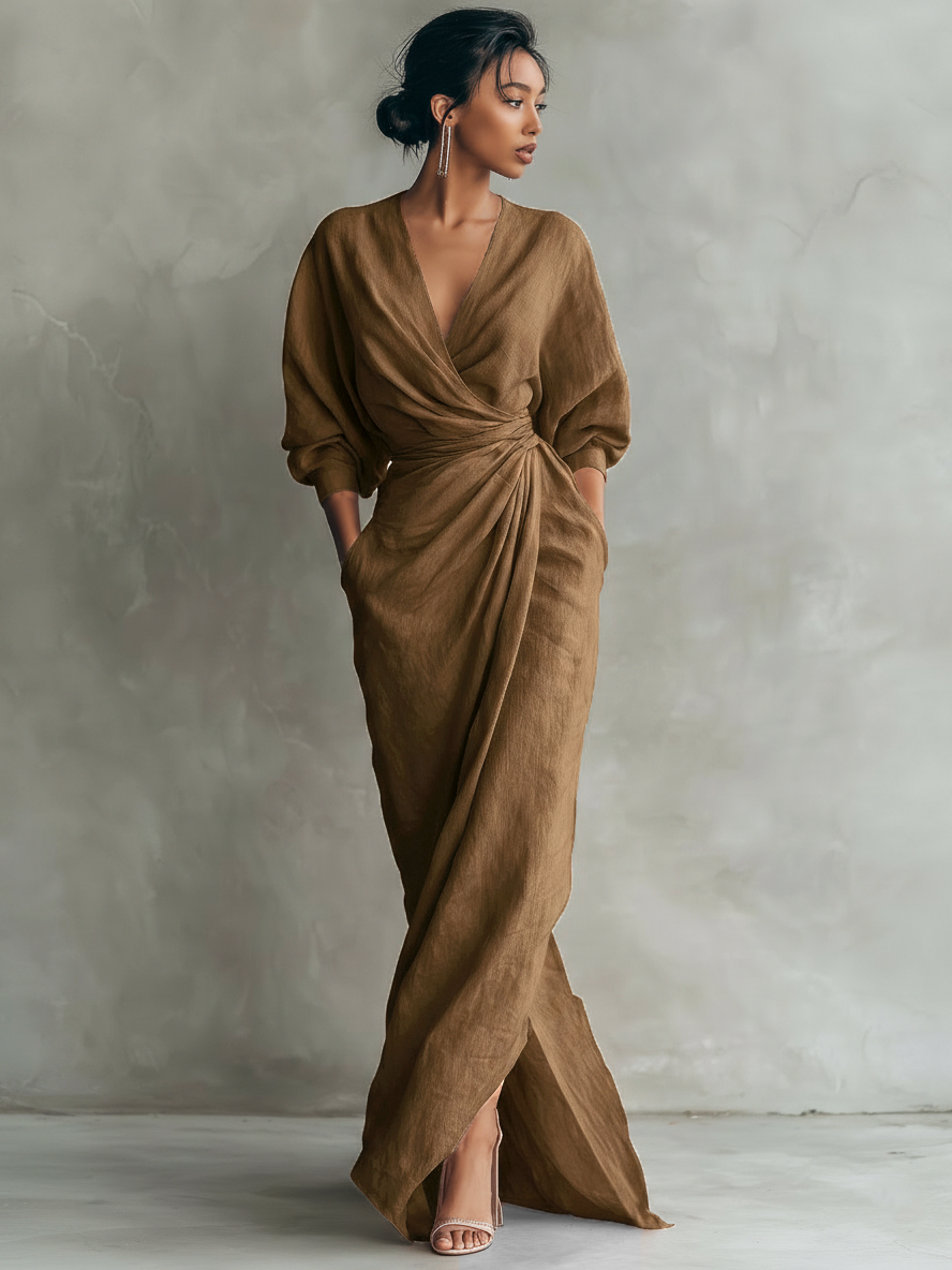 Women's wrap maxi dress with v-neck and three-quarter sleeves in pink