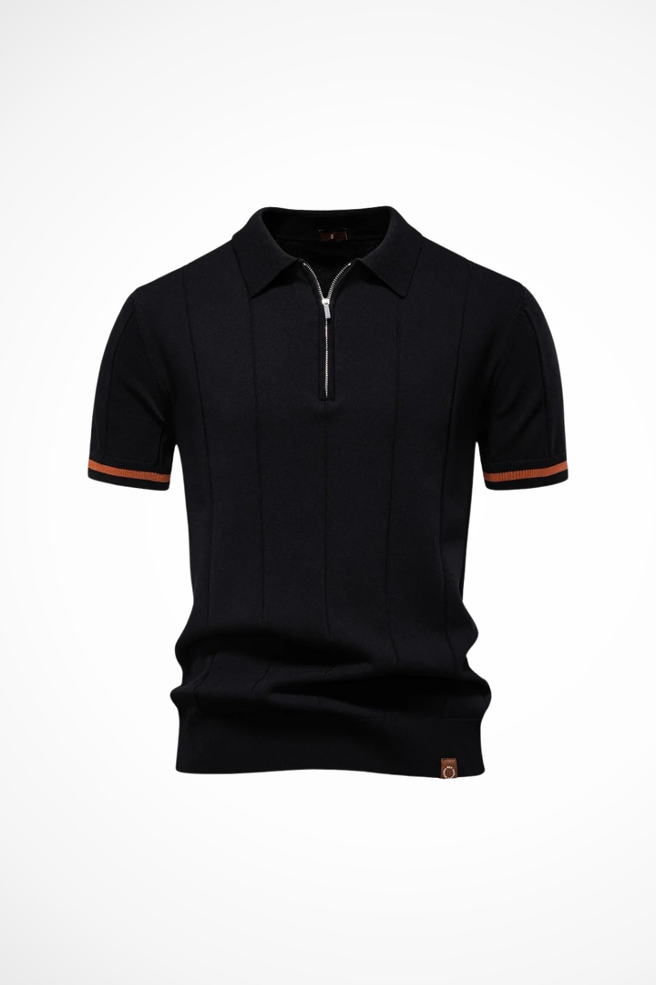 Men's ribbed short-sleeve polo shirt with quarter-zip collar and contrast cuff trim