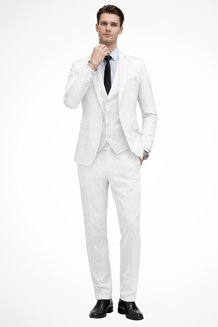 Men's slim fit three-piece suit with notched lapel, waistcoat and matching trousers
