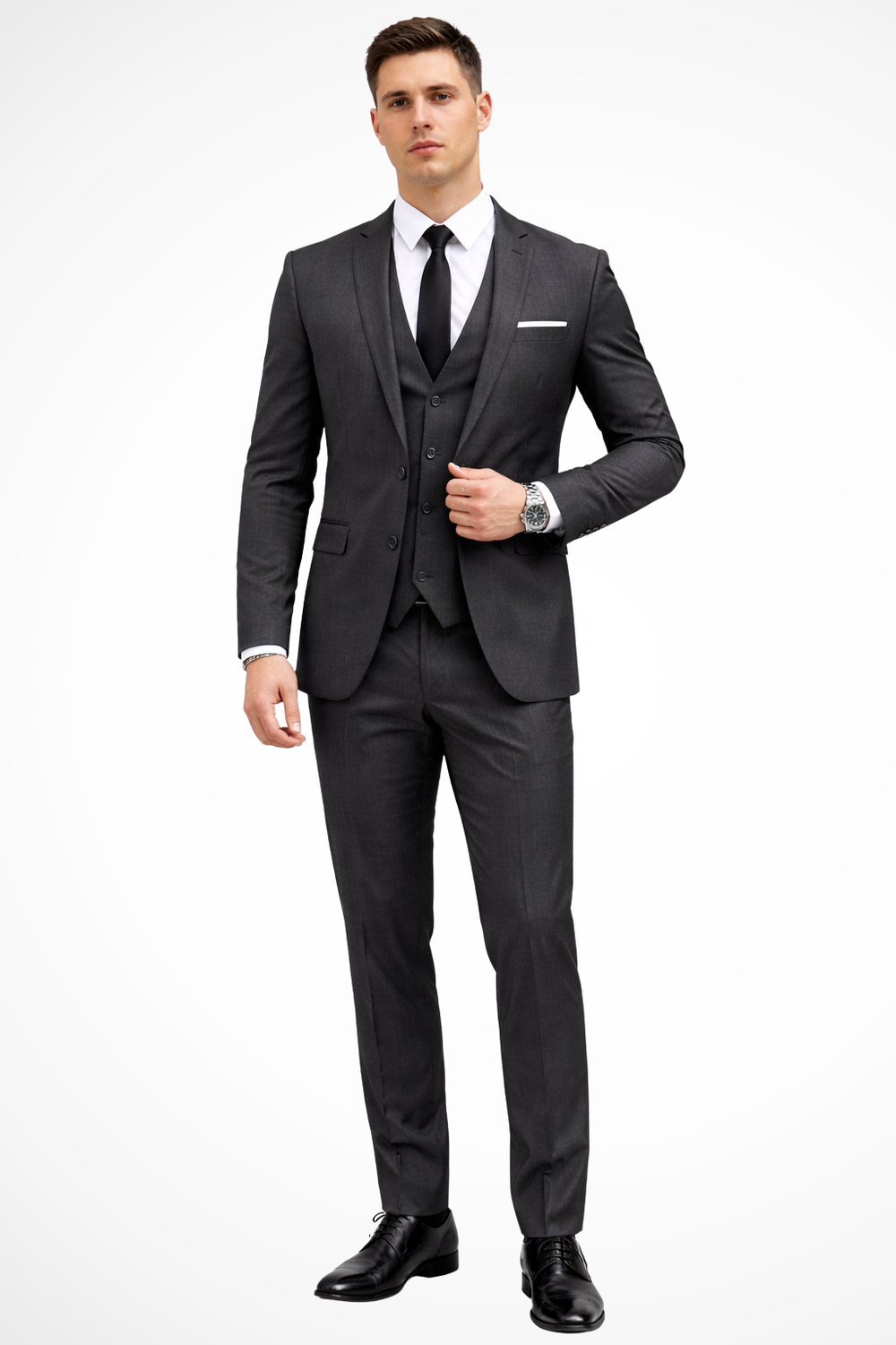 Men's slim fit three-piece suit with notched lapel, waistcoat and matching trousers