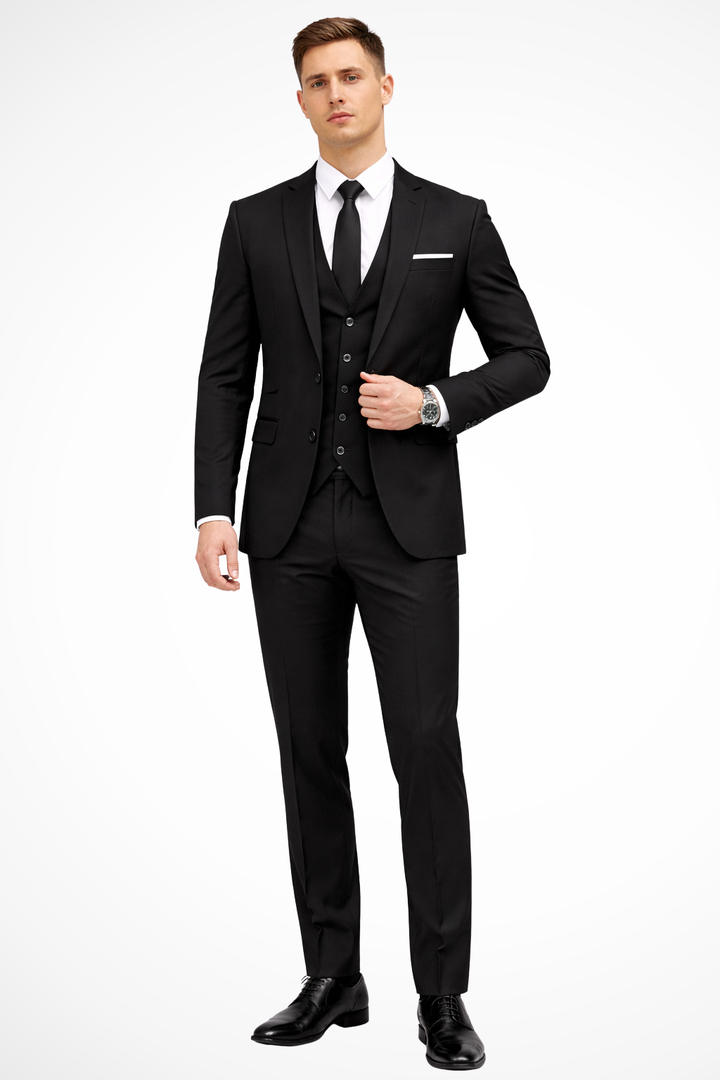 Men's slim fit three-piece suit with notched lapel, waistcoat and matching trousers