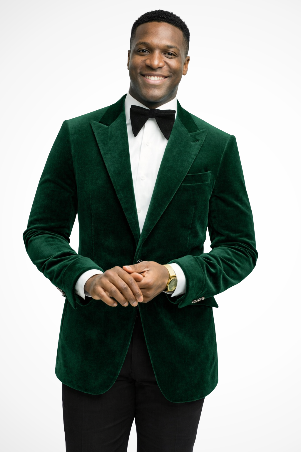 Men's tailored velvet blazer with peak lapels, long sleeves and front pockets