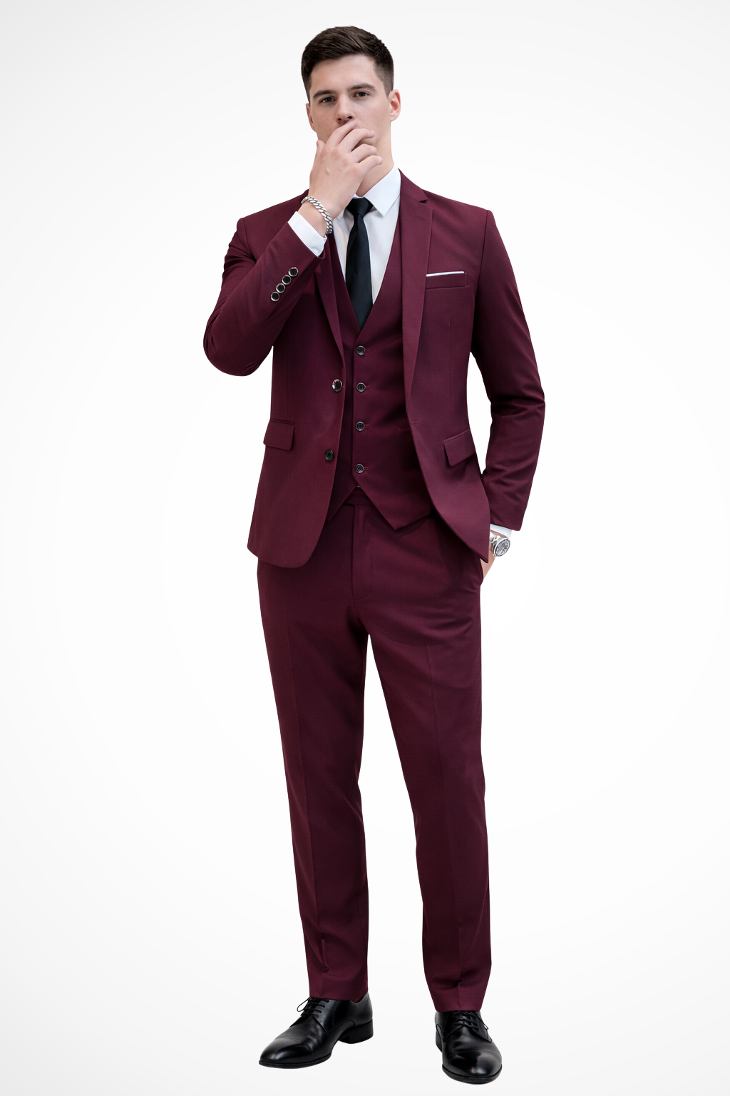 Men's slim fit three-piece suit with notched lapel, waistcoat and matching trousers