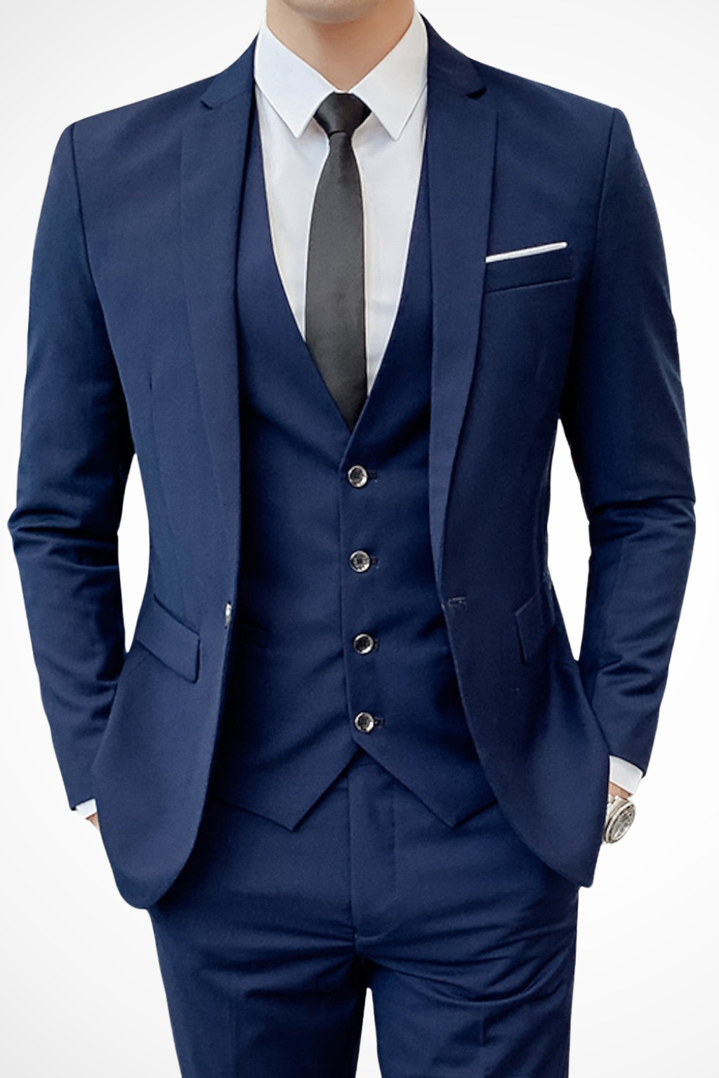 Men's slim fit three-piece suit with notched lapel, waistcoat and matching trousers