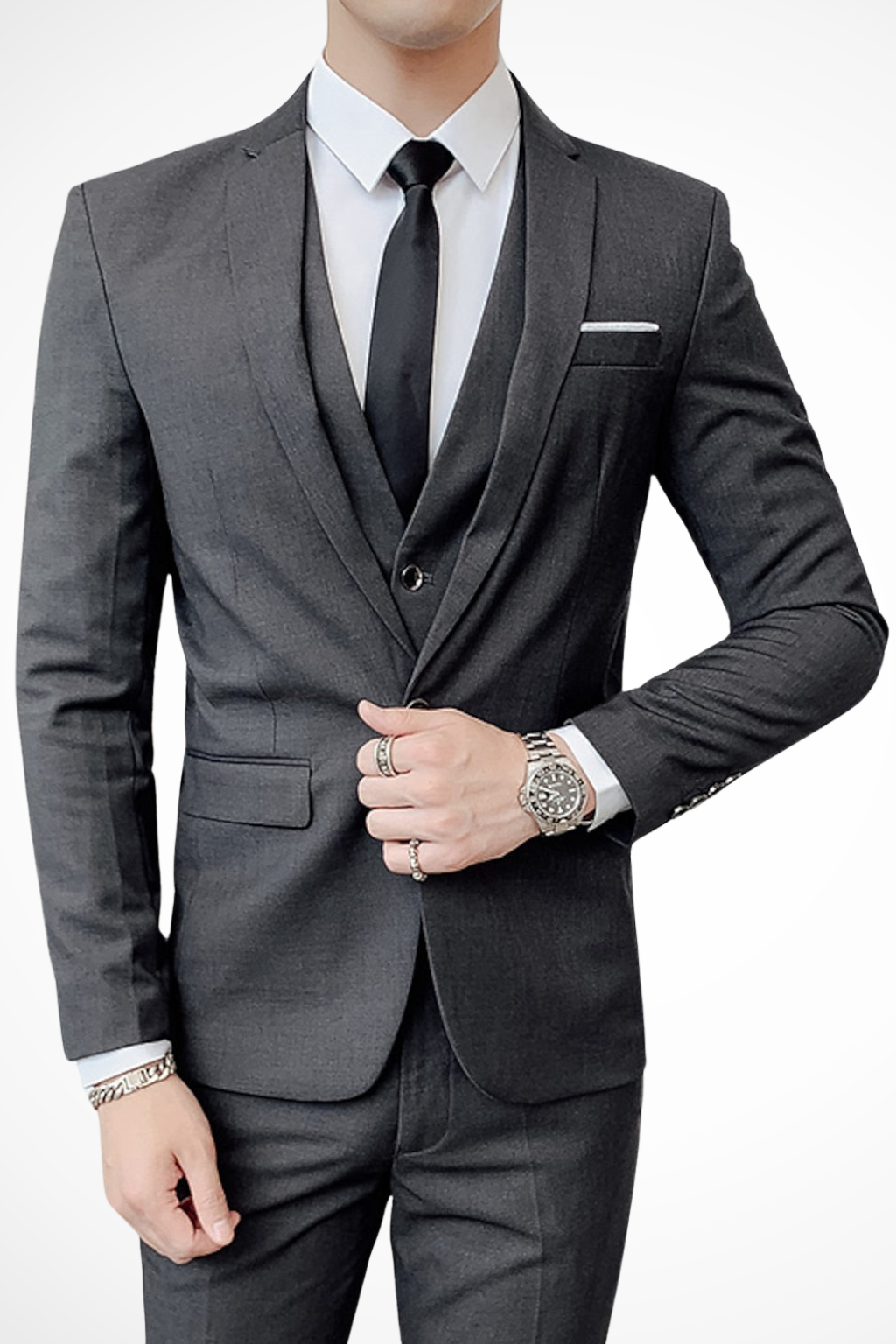 Men's slim fit three-piece suit with notched lapel, waistcoat and matching trousers
