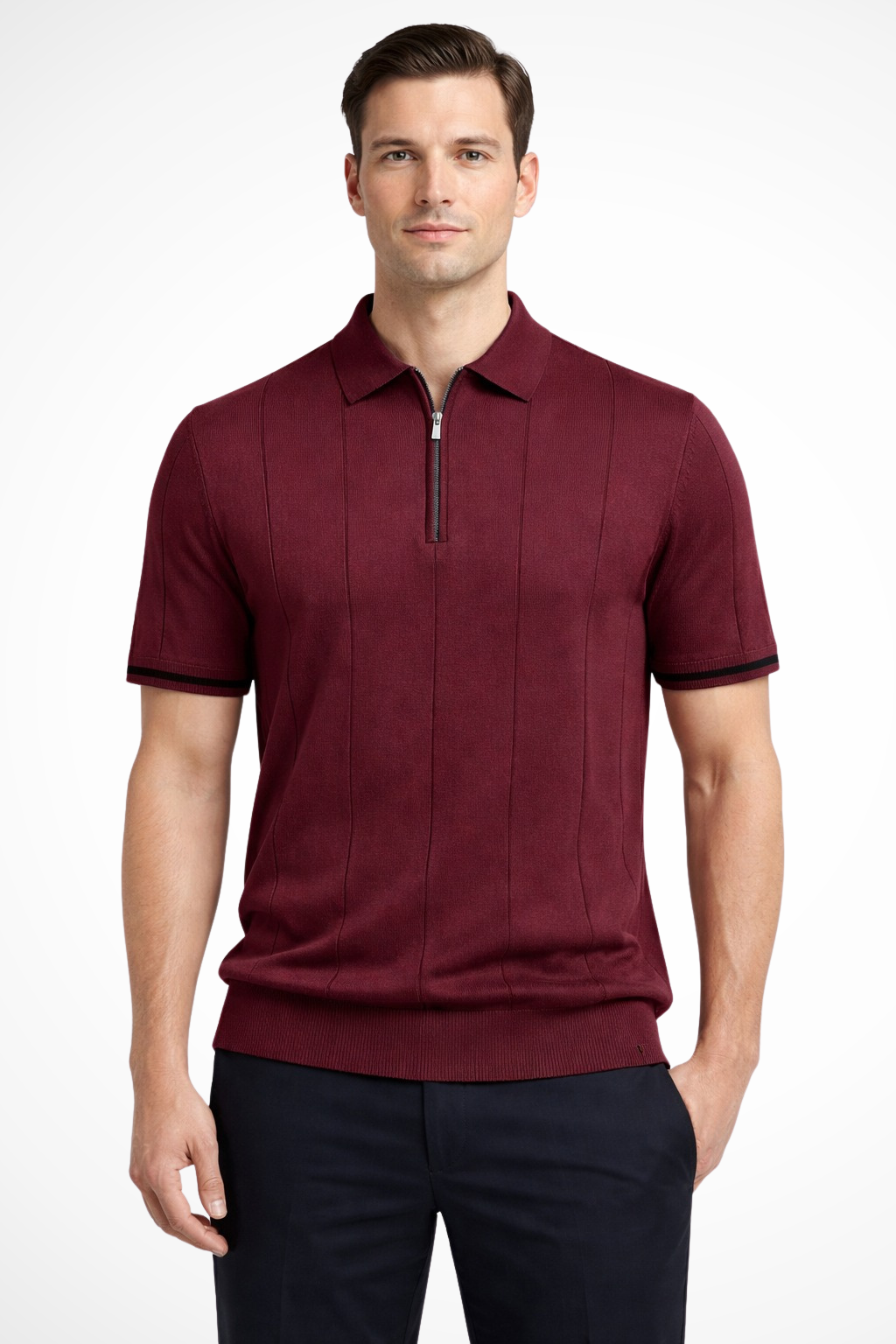 Men's ribbed short-sleeve polo shirt with quarter-zip collar and contrast cuff trim