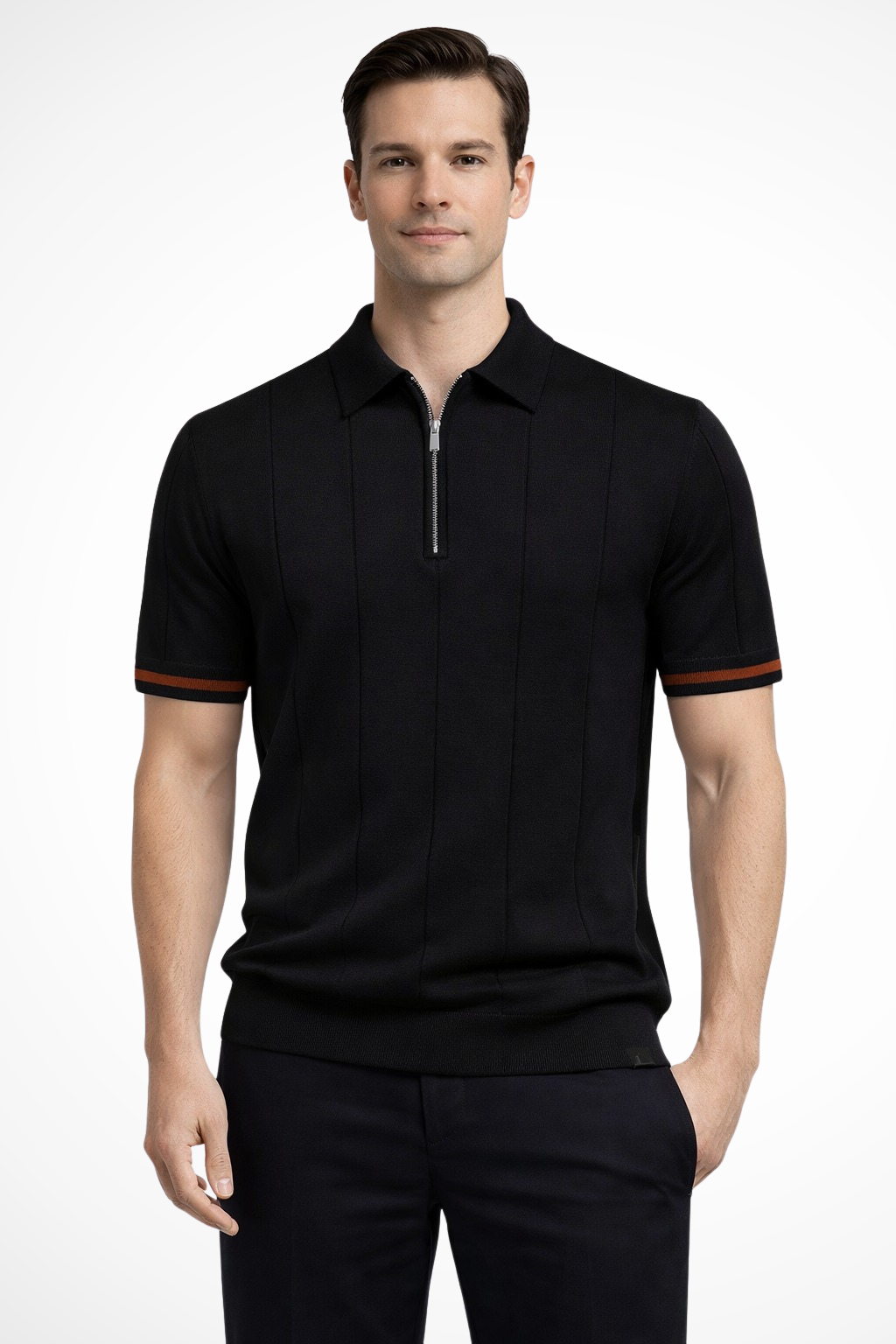 Men's ribbed short-sleeve polo shirt with quarter-zip collar and contrast cuff trim