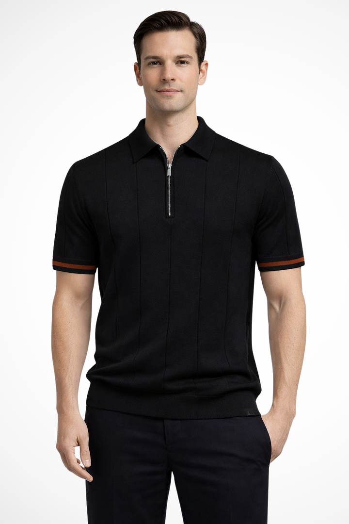 Men's ribbed short-sleeve polo shirt with quarter-zip collar and contrast cuff trim