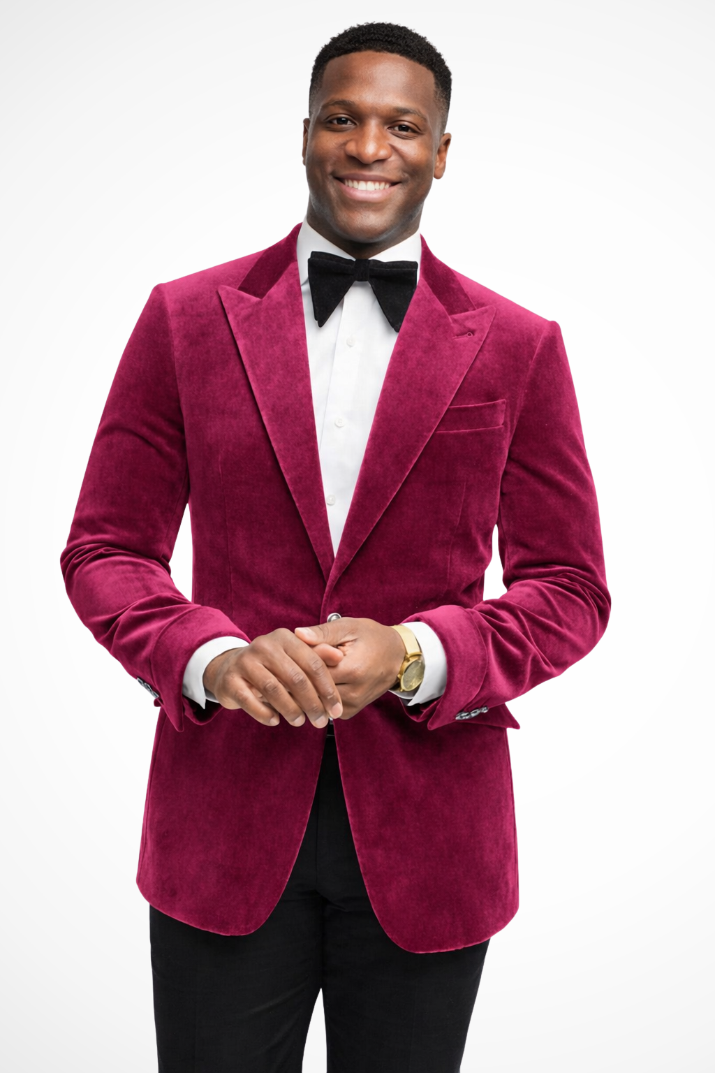 Men's tailored velvet blazer with peak lapels, long sleeves and front pockets