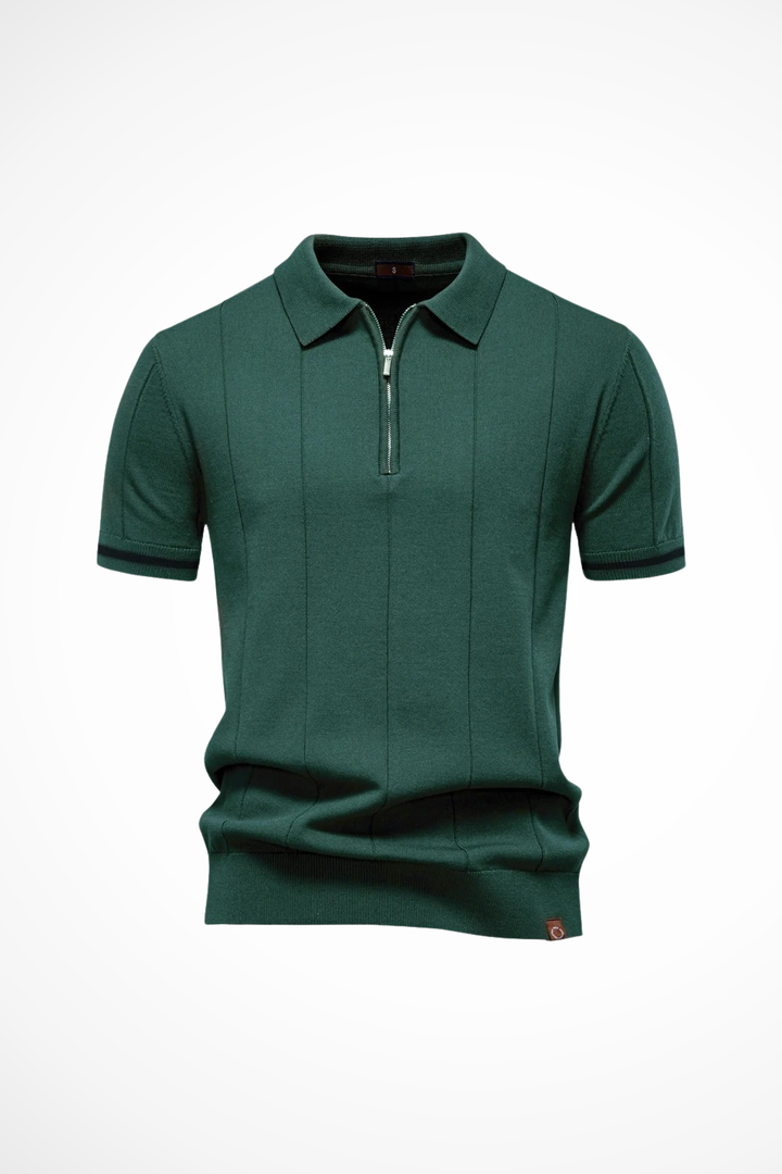Men's ribbed short-sleeve polo shirt with quarter-zip collar and contrast cuff trim