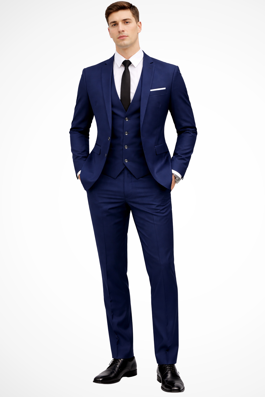Men's slim fit three-piece suit with notched lapel, waistcoat and matching trousers