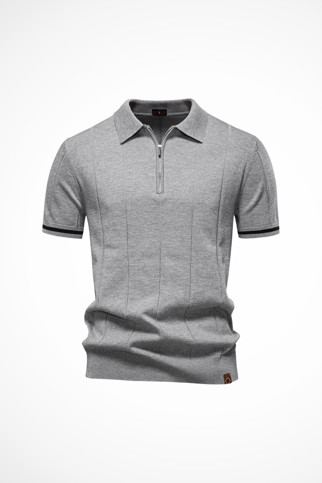 Men's ribbed short-sleeve polo shirt with quarter-zip collar and contrast cuff trim