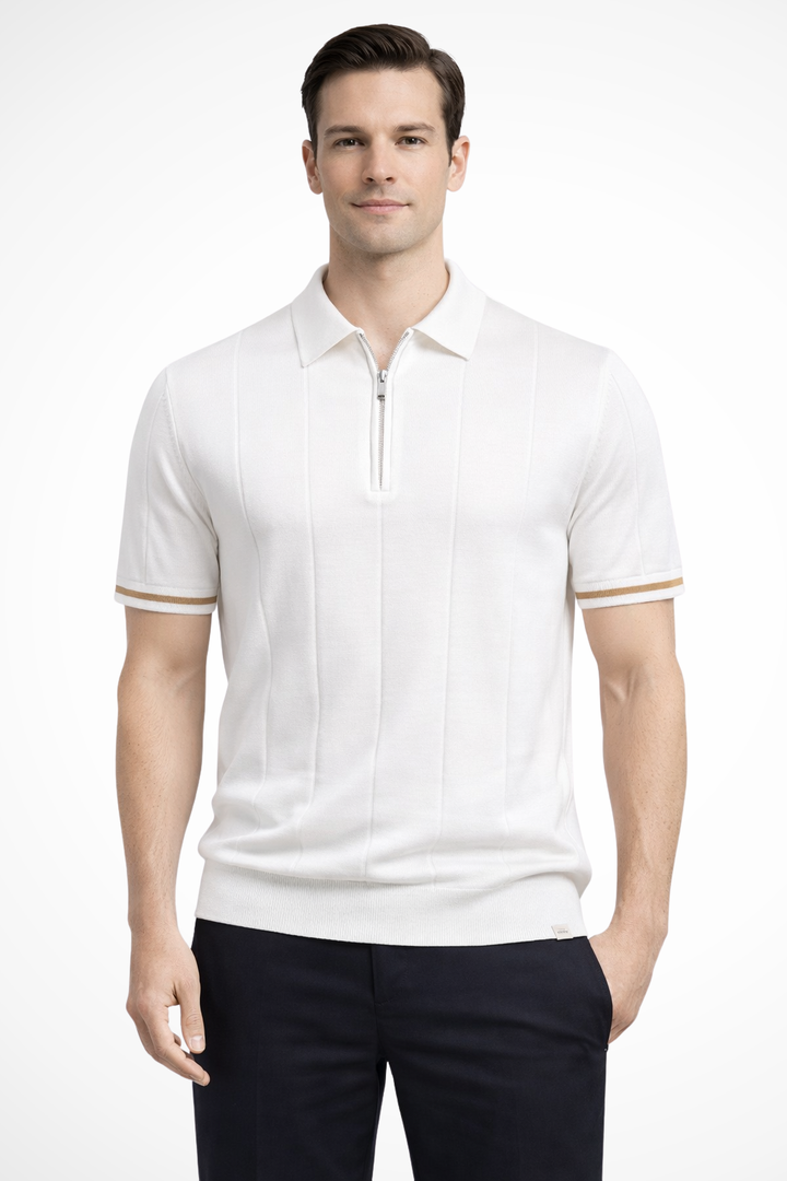 Men's ribbed short-sleeve polo shirt with quarter-zip collar and contrast cuff trim