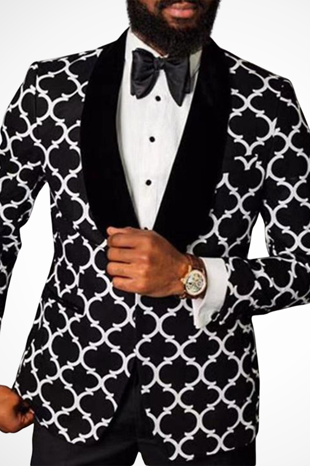 Men's geometric pattern blazer with contrasting shawl lapels and long sleeves