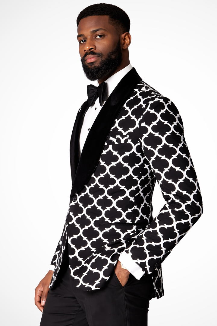 Men's geometric pattern blazer with contrasting shawl lapels and long sleeves
