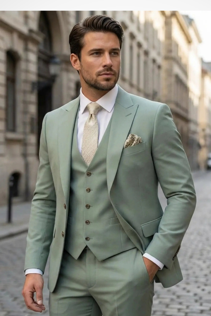 Men's slim fit three-piece suit with jacket, waistcoat and matching trousers