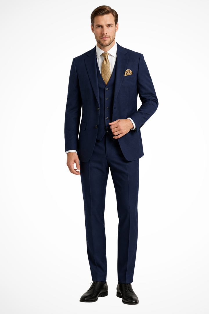 Men's slim fit three-piece suit with jacket, waistcoat and matching trousers