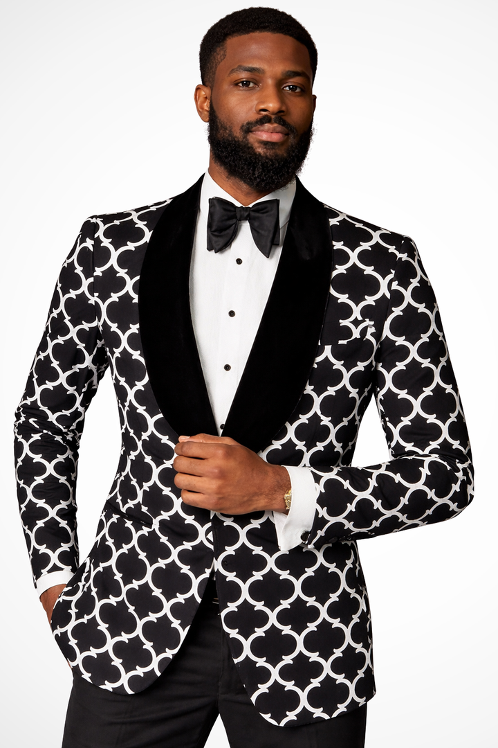 Men's geometric pattern blazer with contrasting shawl lapels and long sleeves
