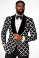Men's geometric pattern blazer with contrasting shawl lapels and long sleeves