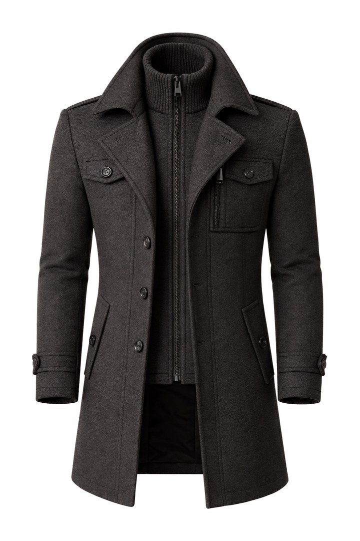 Men's long structured coat with mock neck, lapels, buttons, zipper and multiple pockets