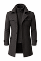 Men's long structured coat with mock neck, lapels, buttons, zipper and multiple pockets