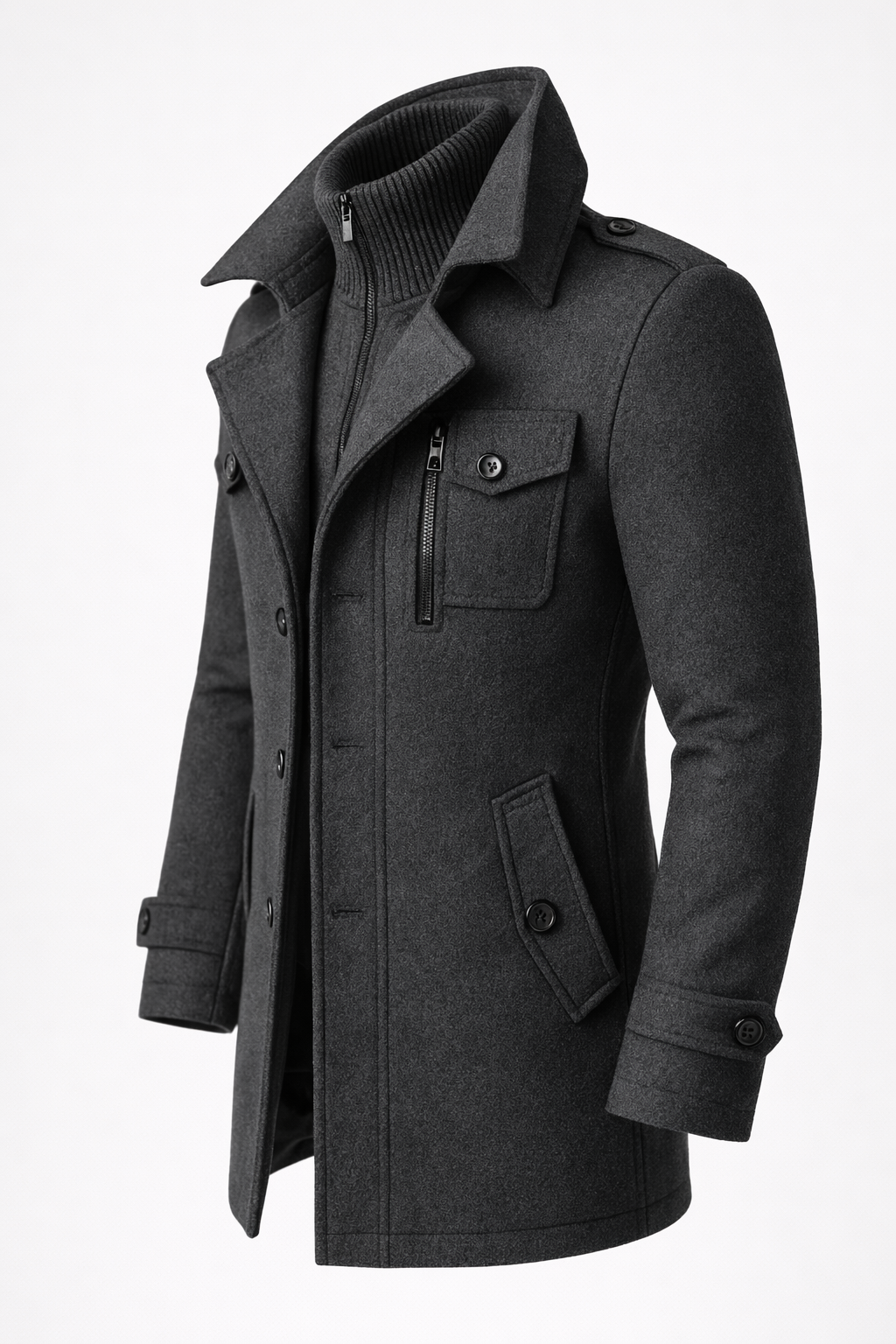 Men's long structured coat with mock neck, lapels, buttons, zipper and multiple pockets