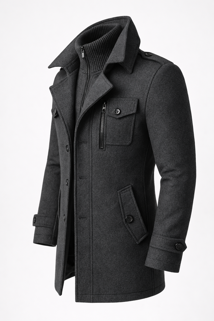 Men's long structured coat with mock neck, lapels, buttons, zipper and multiple pockets