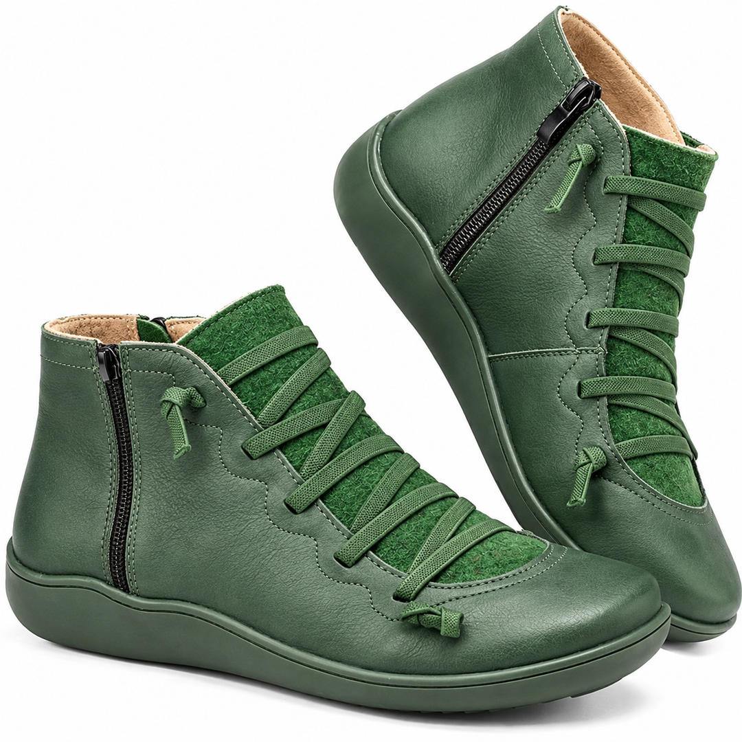 Women's lace-up ankle boots with side zippers, rounded toes and flat soles