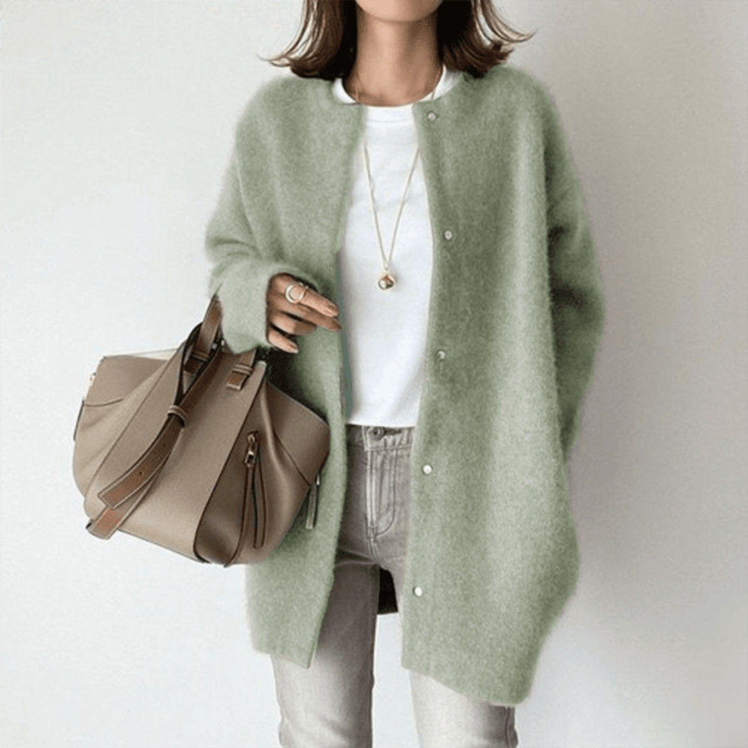 Women's long button front cardigan with round neck and long sleeves