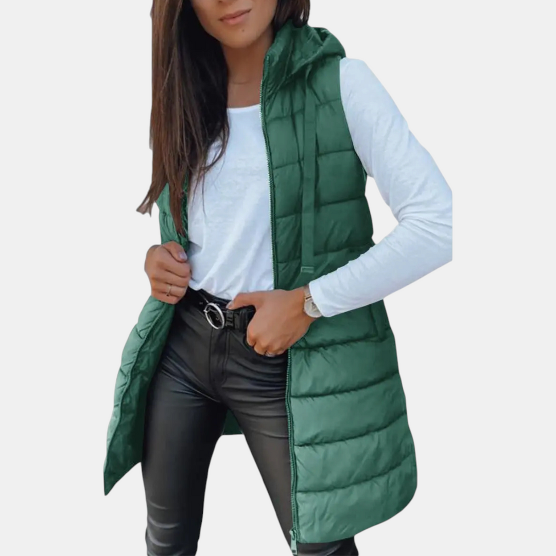 Women's longline hooded puffer vest
