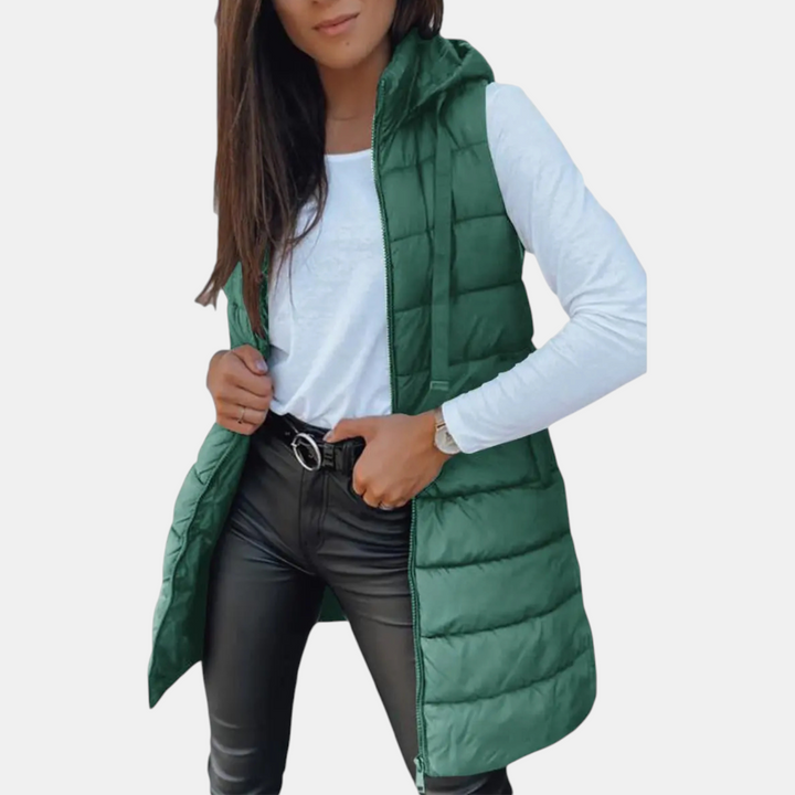 Women's longline hooded puffer vest