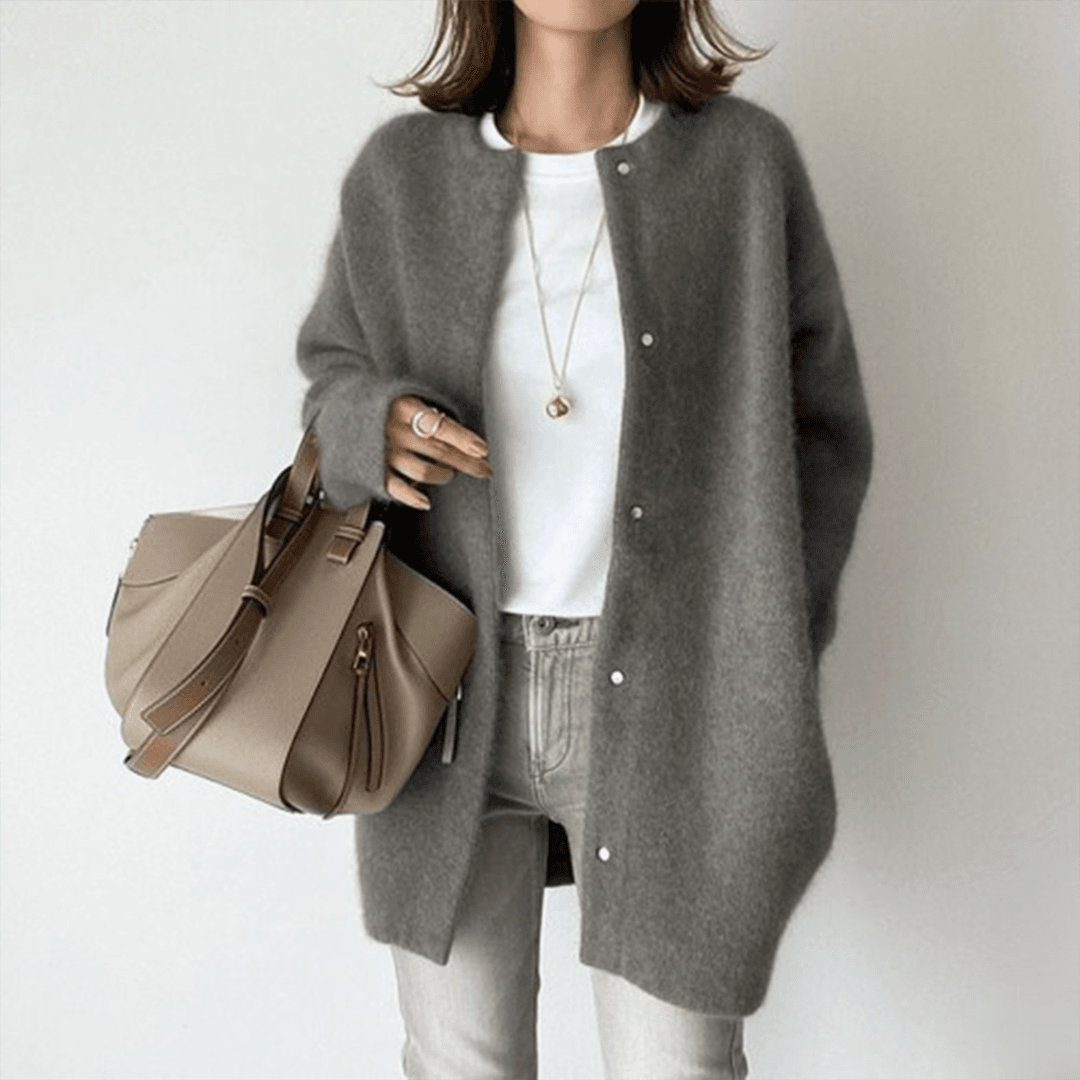 Women's long button front cardigan with round neck and long sleeves