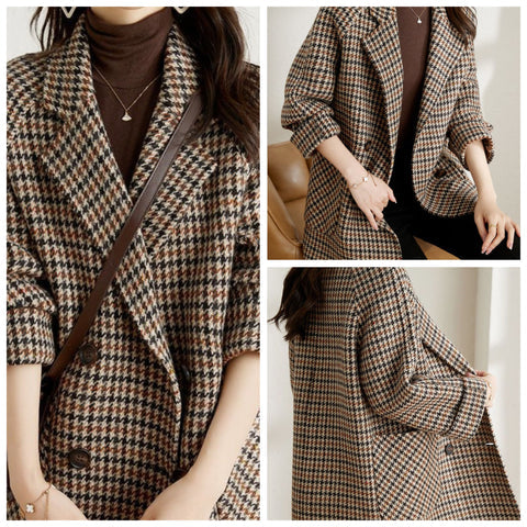 Women's houndstooth long coat with notched lapels and patch pockets