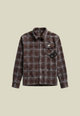 Brown plaid flannel shirt with long sleeves and decorative detailing