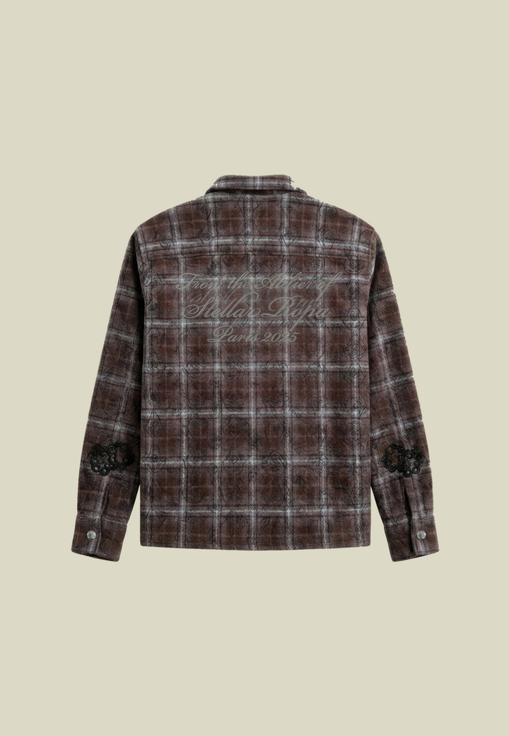 Brown plaid flannel shirt with long sleeves and decorative detailing