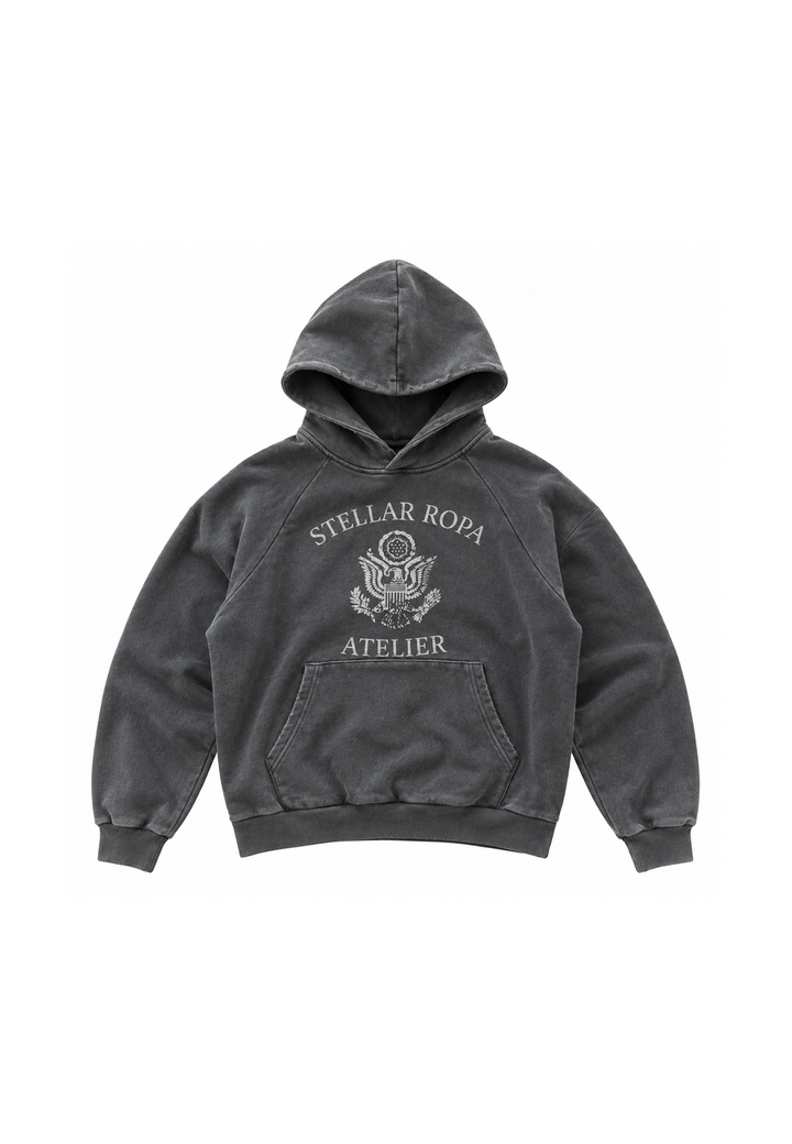 Washed gray pullover hoodie with hood, graphic front and kangaroo pocket