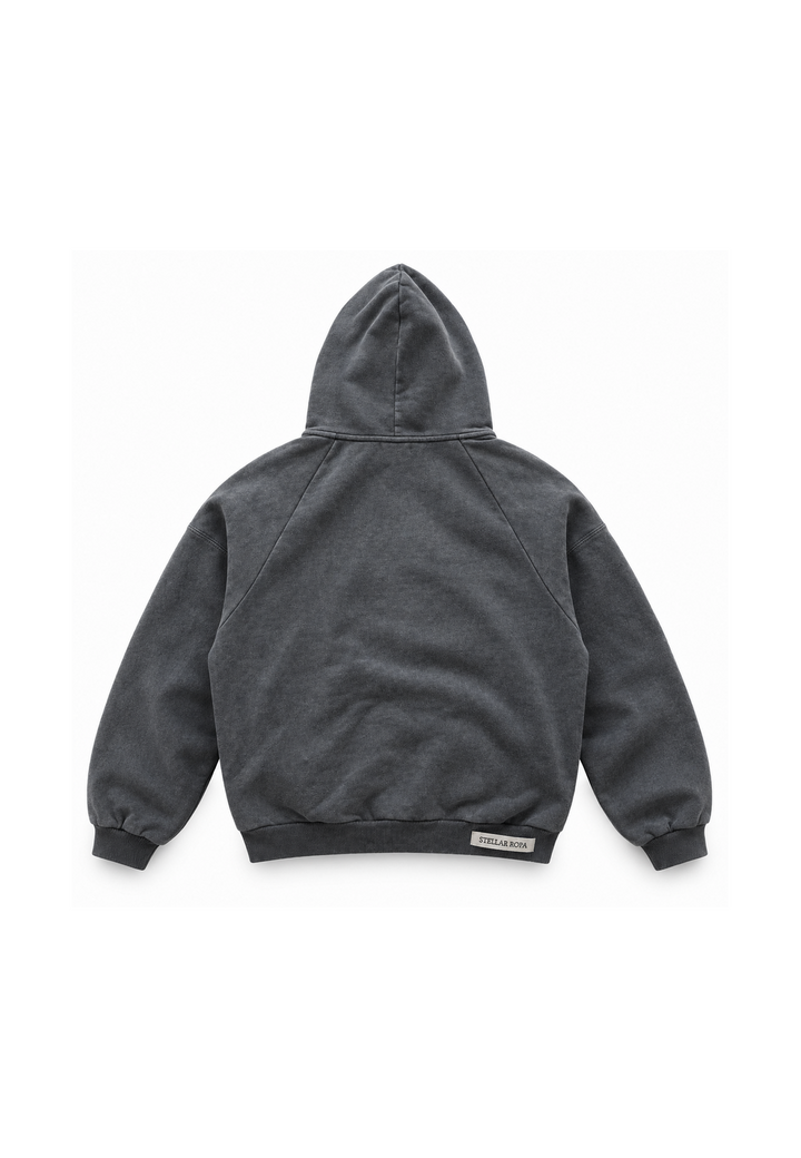 Washed gray pullover hoodie with hood, graphic front and kangaroo pocket