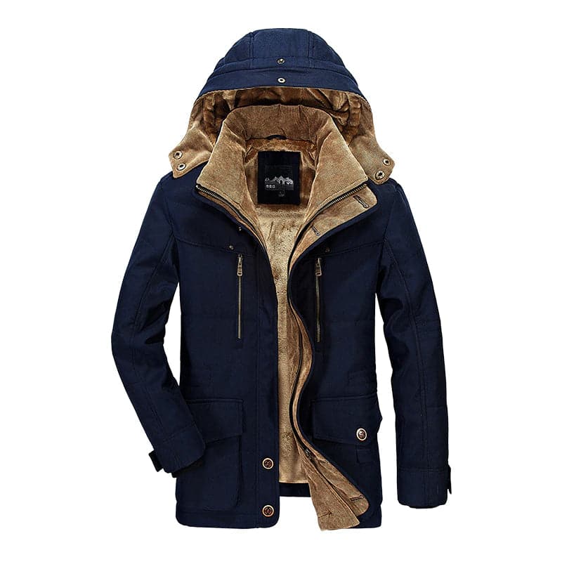 Men's hooded parka jacket with zip pockets, flap pockets and button fastening