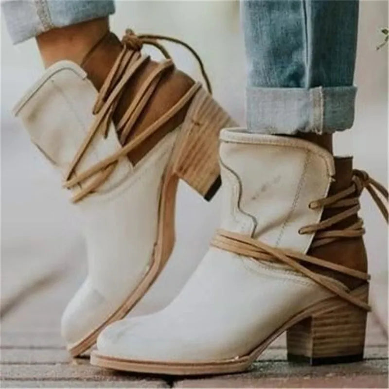 Women's western ankle boots with block heel and wrap tie detail